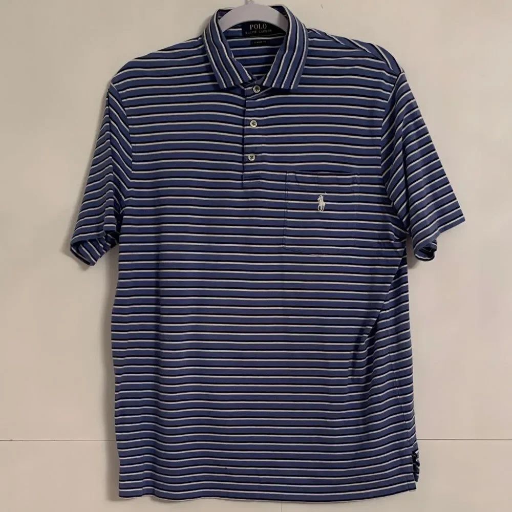 Polo by Ralph Lauren Men's Navy and White Striped Polo Shirt White Logo Size M